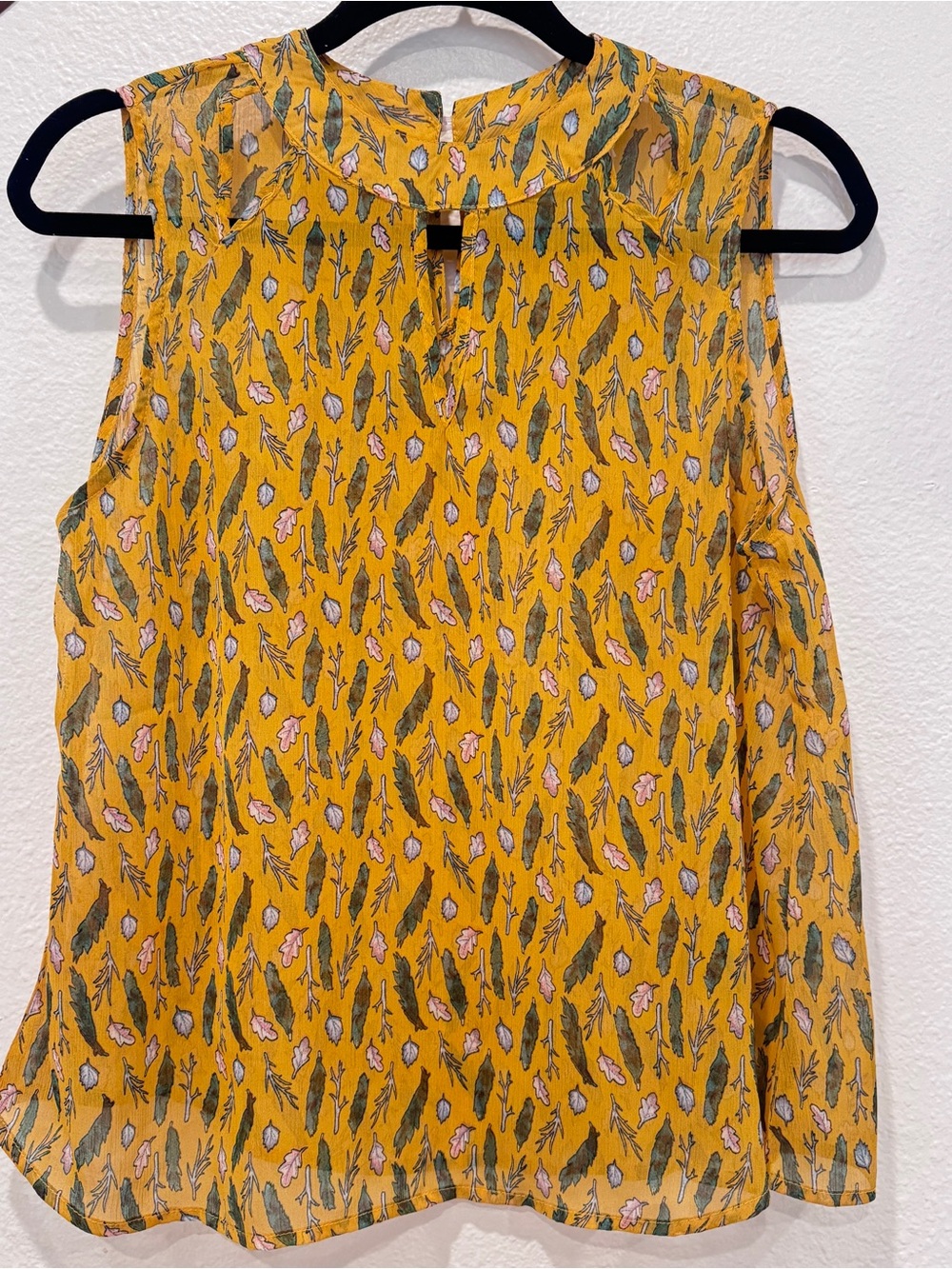 Sheer Mustard Leaf Print Sleeveless Top Keyhole Cottagecore Woodland EUC
